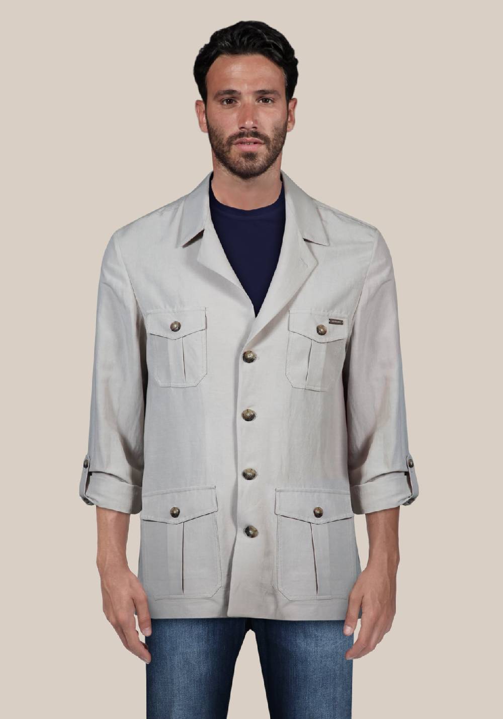 Primo Emporio Sahariana In Lino Maniche Risvoltate