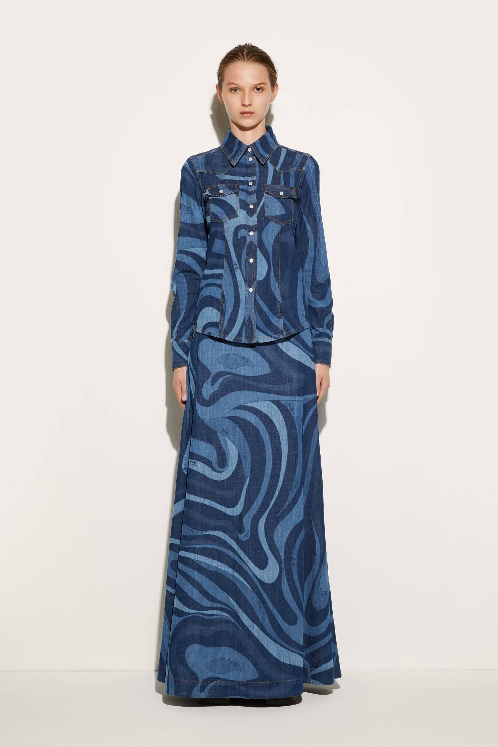 Pucci Camicia In Denim Con Stampa Marmo