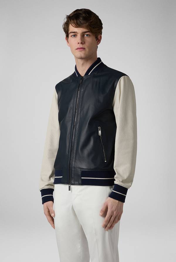 Pull Pal Zileri Varsity Jacket In Nappa Bicolore Blu E Panna