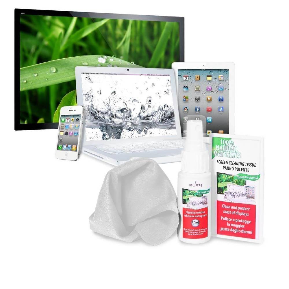 Puro Kit Pulizia Schermi Spray 30ml, Panno Microfibra E 10 Salviette Umidificate