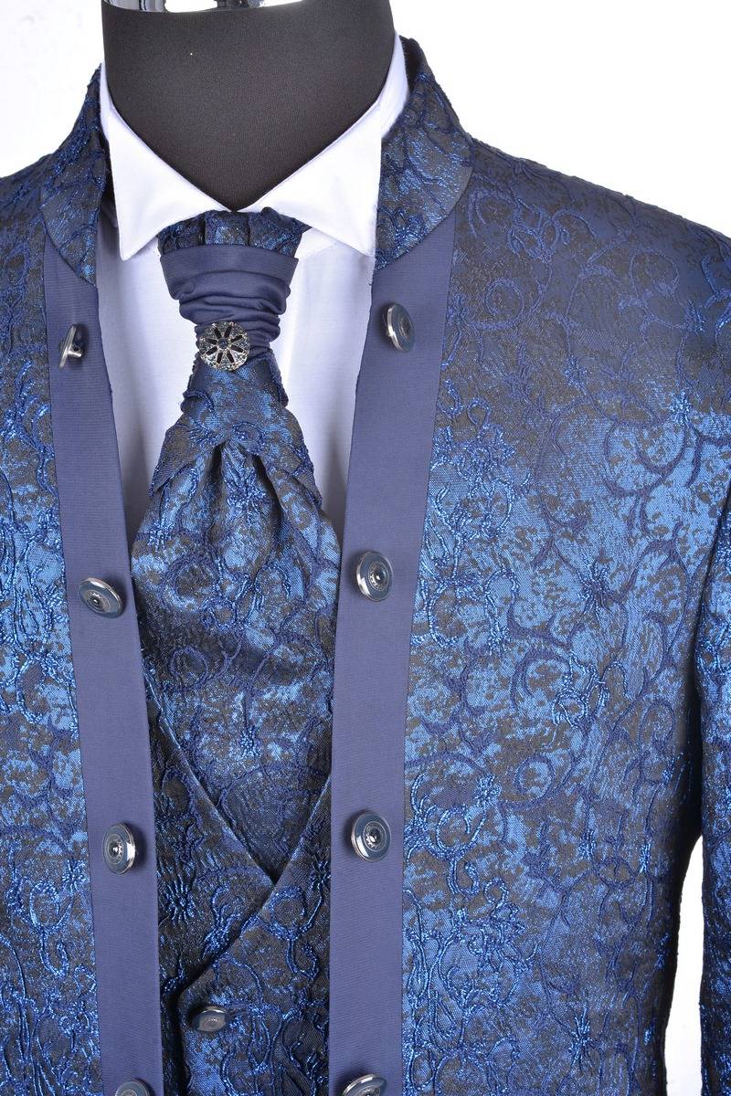 Baggi Abito Da Sposo Baggi Damascato Blu Marine Slim Fit