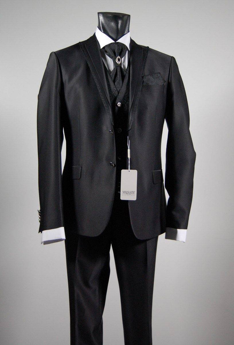 Musani Milano Cerimonia Abito Da Sposo Nero Slim Fit Completo Di Gilet Cravatta E Camicia Musani Milano