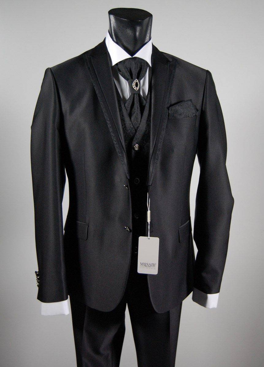 Musani Milano Cerimonia Abito Da Sposo Nero Slim Fit Completo Di Gilet Cravatta E Camicia Musani Milano