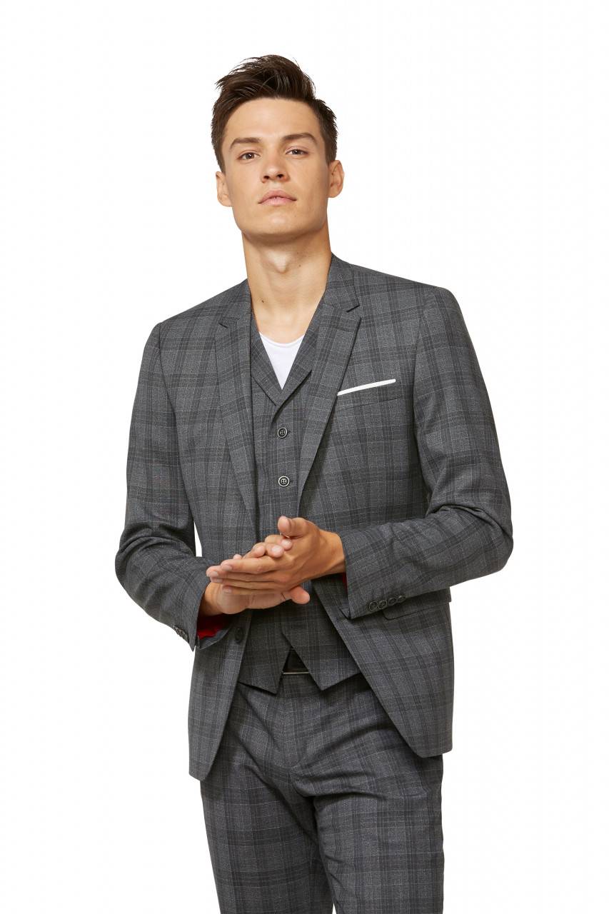 Digel Abito moda slim fit digel grigio a quadri con panciotto