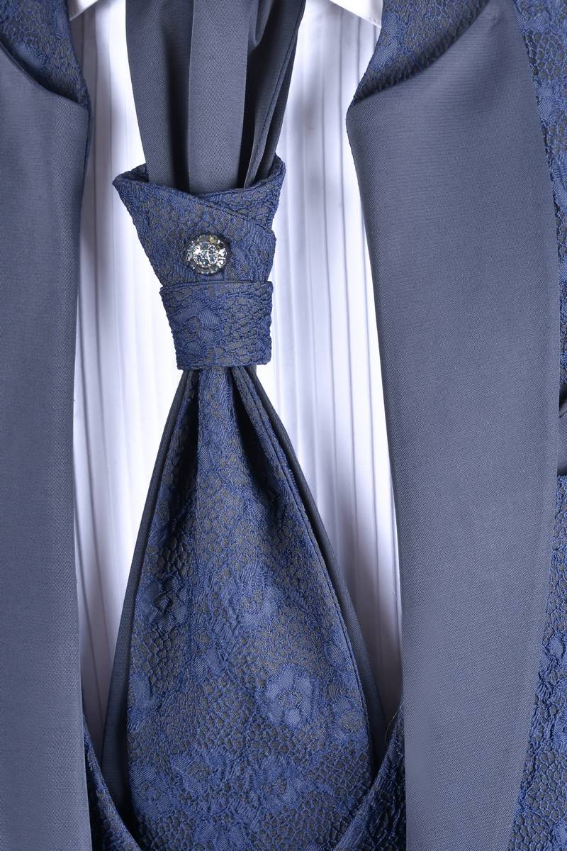 Baggi Abito Slim Fit Alla Coreana Blu Damascato Con Gilet E Cravatta