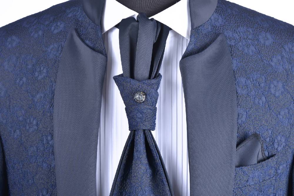 Baggi Abito Slim Fit Alla Coreana Blu Damascato Con Gilet E Cravatta