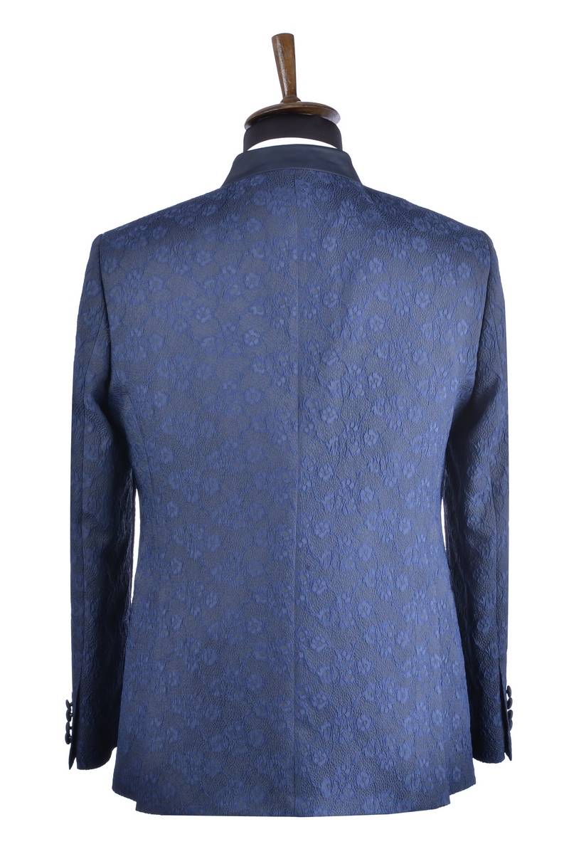 Baggi Abito Slim Fit Alla Coreana Blu Damascato Con Gilet E Cravatta