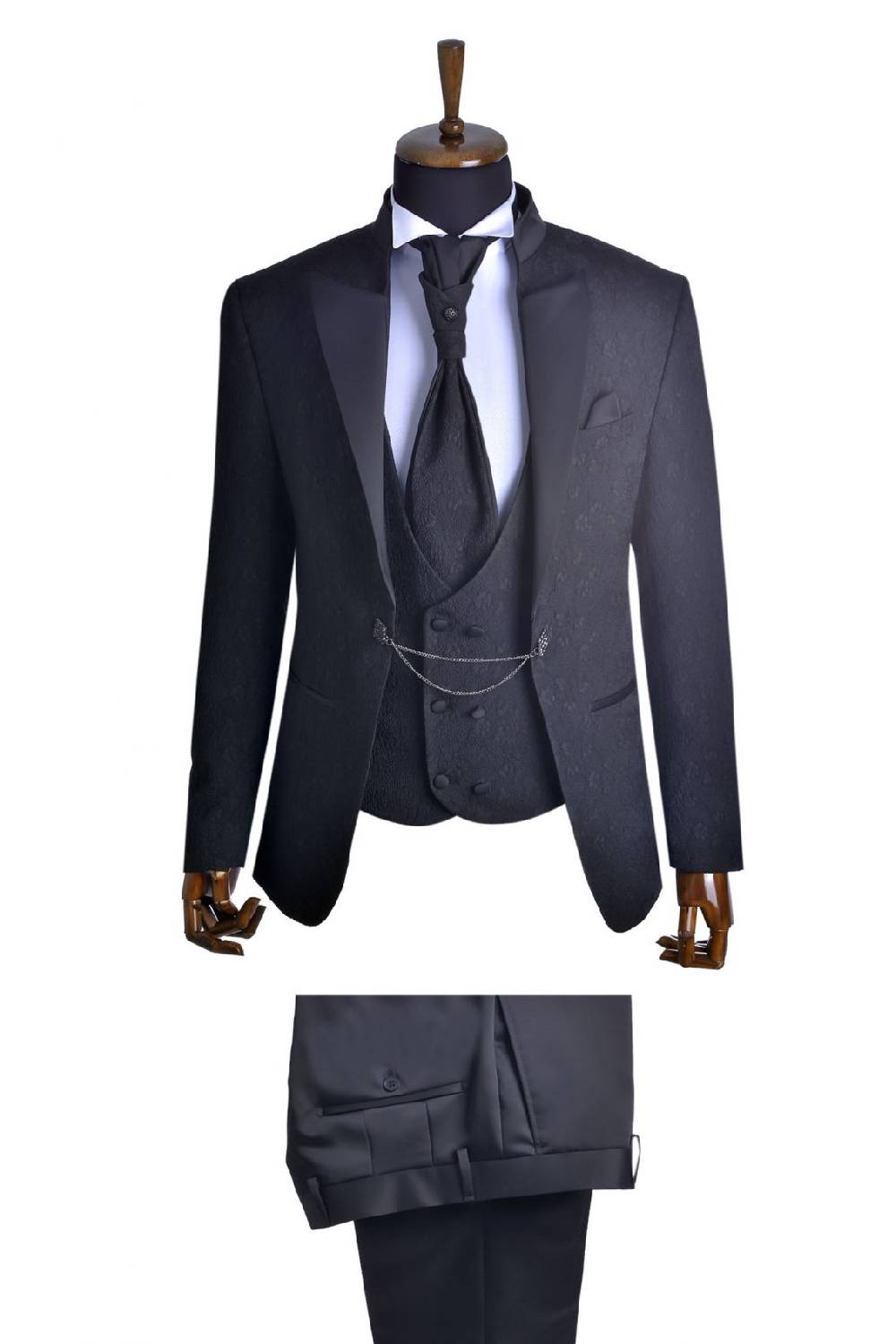 Baggi Abito Slim Fit Alla Coreana Nero Damascato Con Gilet E Cravatta