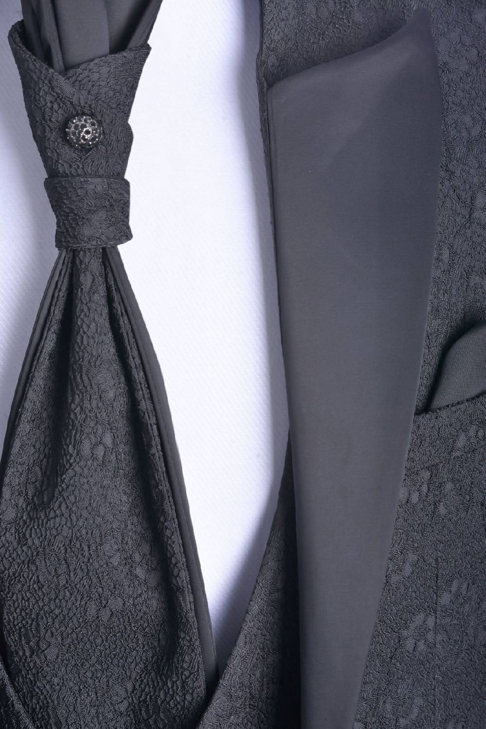 Baggi Abito Slim Fit Alla Coreana Nero Damascato Con Gilet E Cravatta