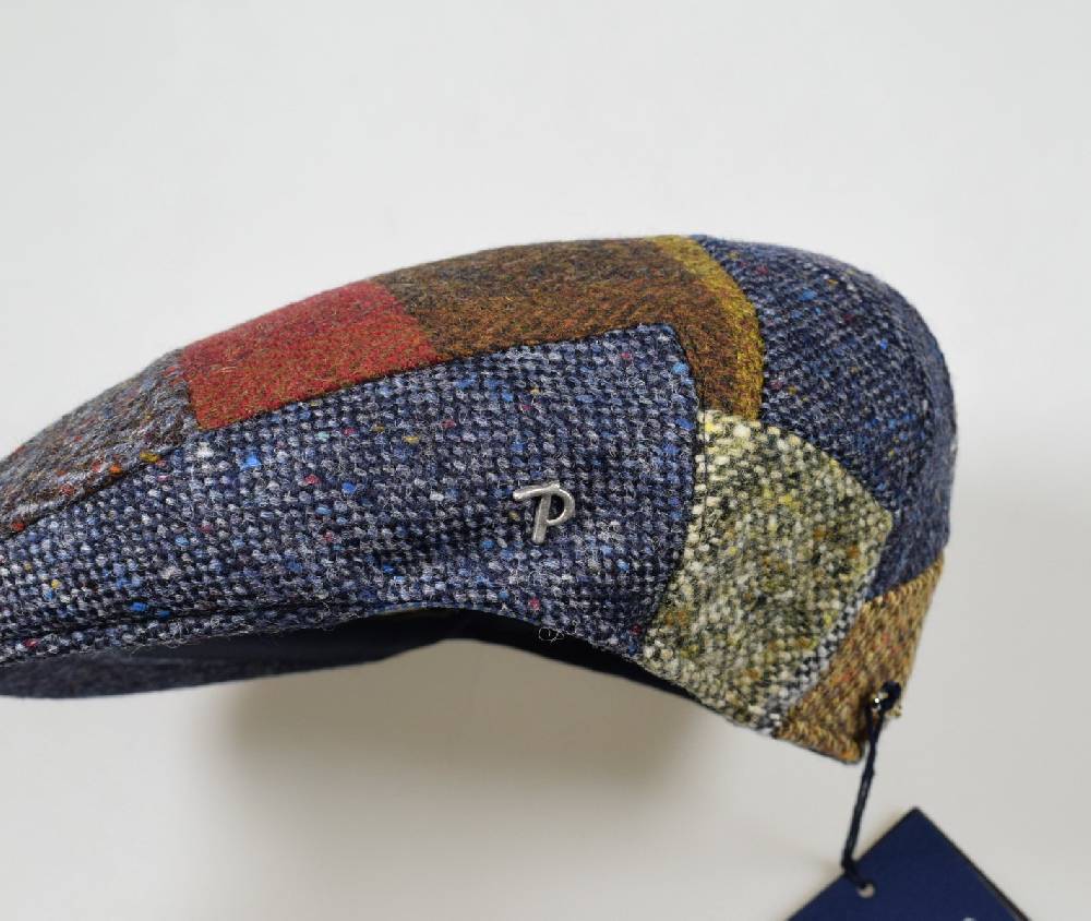 Panizza Berretto Panizza Blu A Patchwork In Lana Donegal Tweed