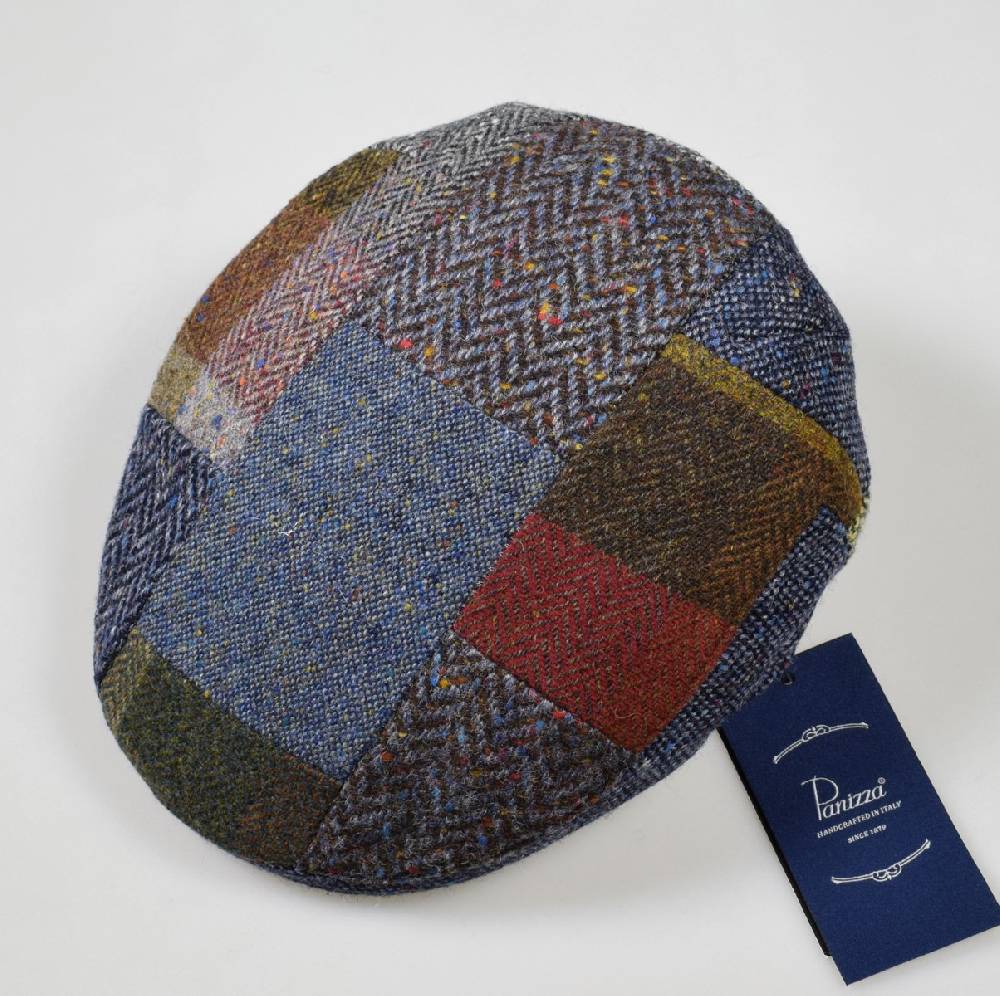 Panizza Berretto panizza blu a patchwork in lana donegal tweed