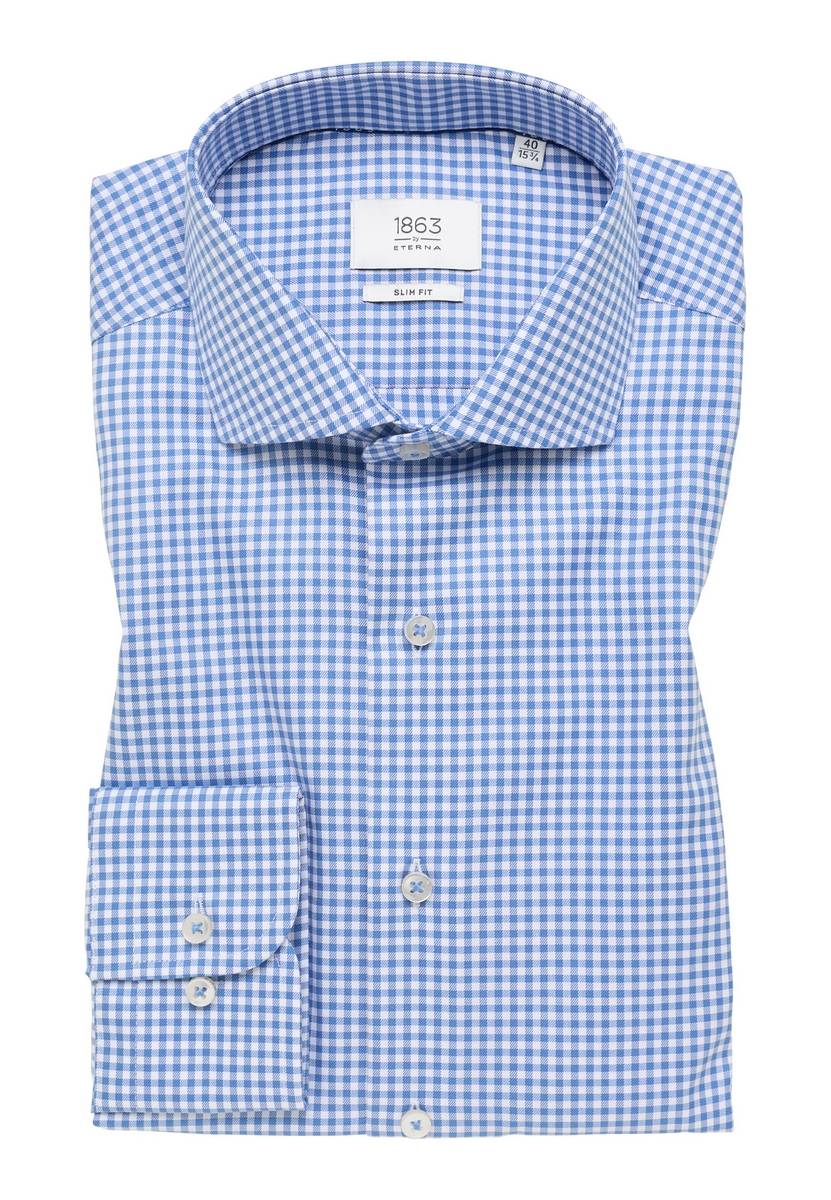Eterna Camicia A Quadretti Azzurro Eterna Slim Fit In Cotone Twill No Stiro