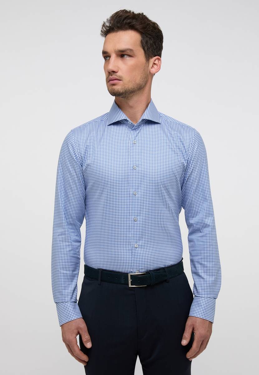 Eterna Camicia a quadretti azzurro eterna slim fit in cotone twill no stiro