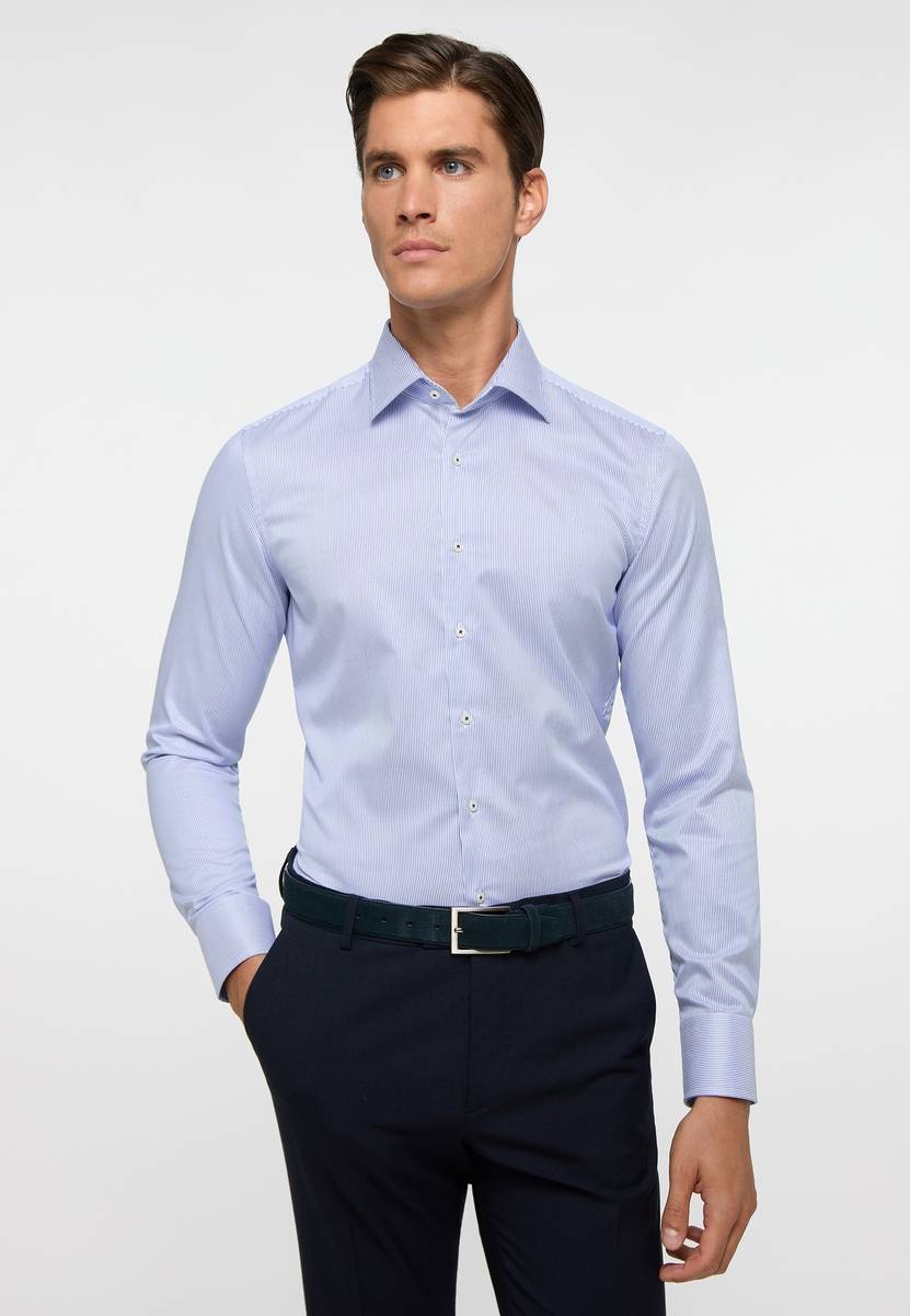 Eterna Camicia a righe azzurro eterna slim fit in cotone twill no stiro