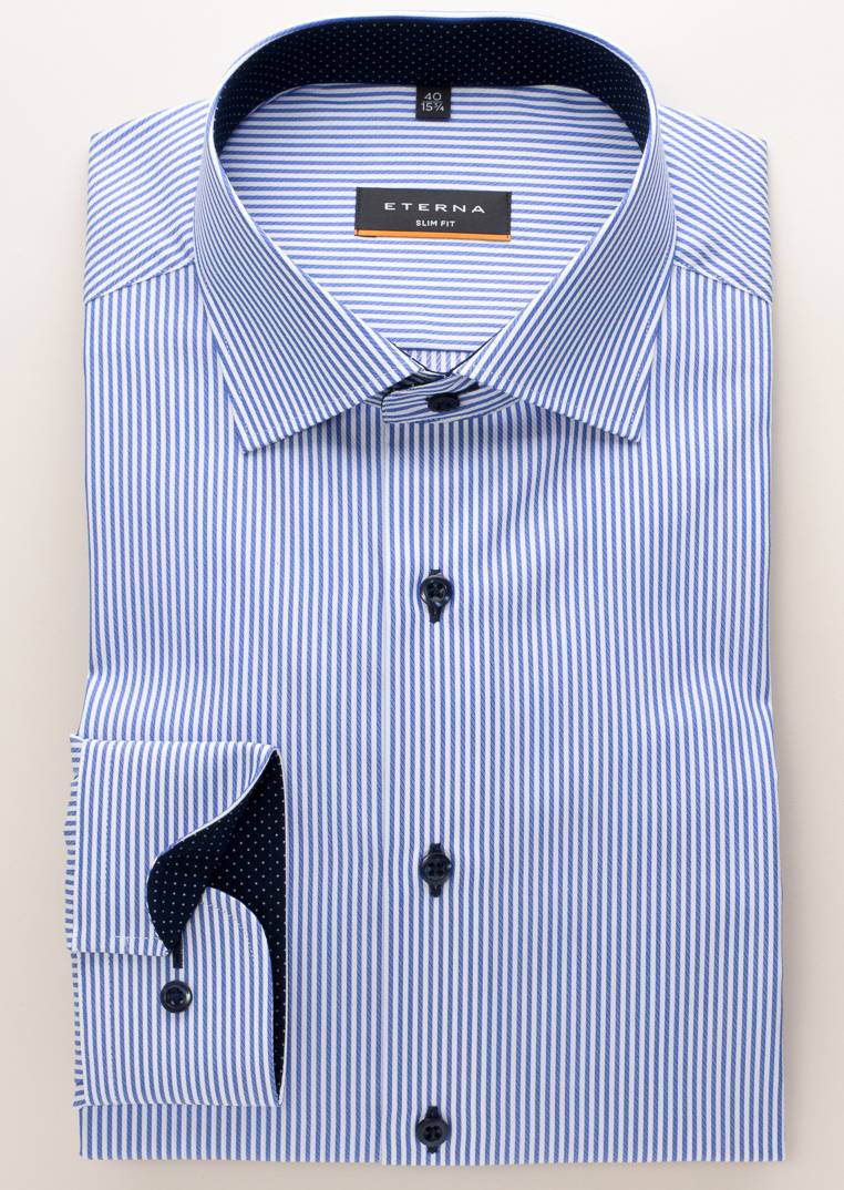 Eterna Camicia A Righe Azzurro Eterna Slim Fit In Puro Cotone Twill