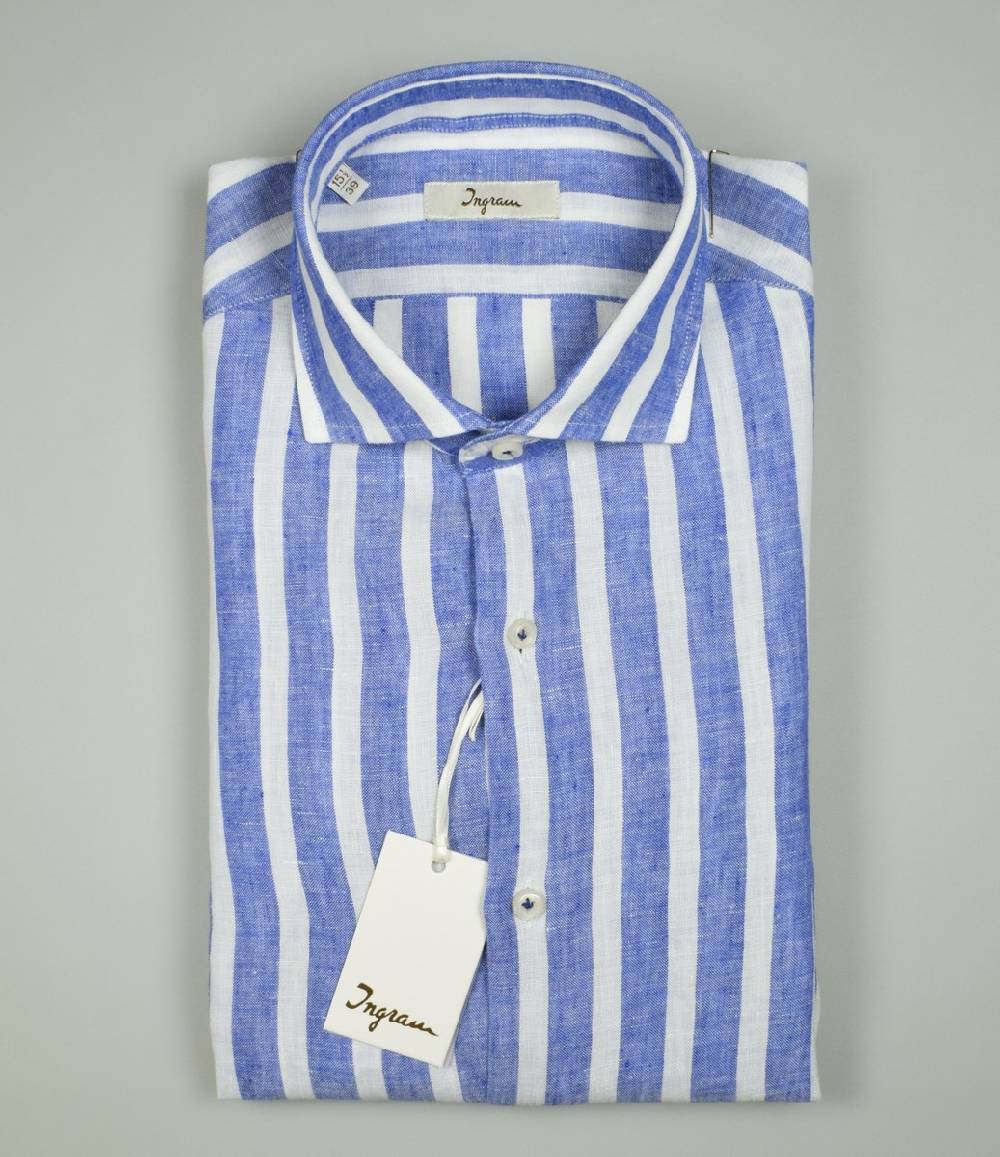 Ingram Camicia A Righe Azzurro In Puro Lino Ingram Slim Fit