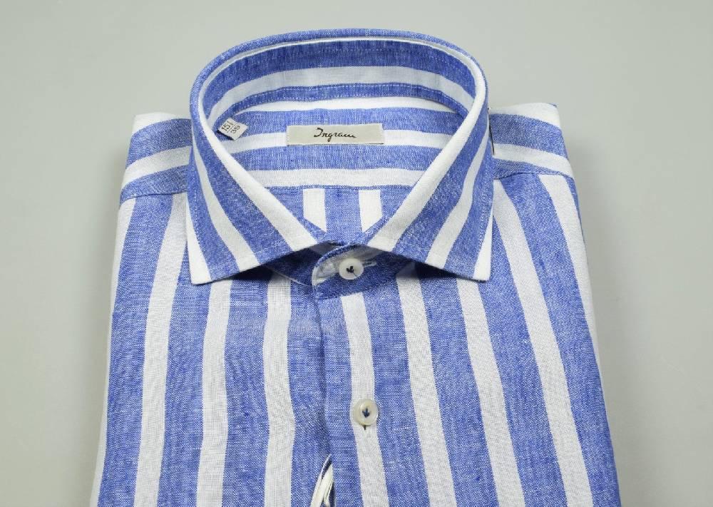 Ingram Camicia A Righe Azzurro In Puro Lino Ingram Slim Fit
