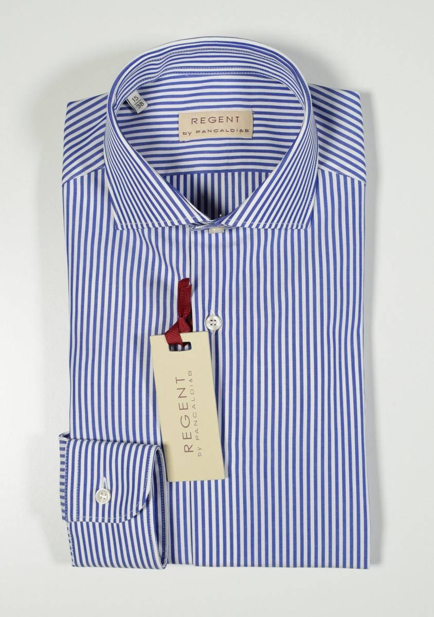 Regent By Pancaldi Camicia A Righe Blu Slim Fit Collo Francese Pancaldi