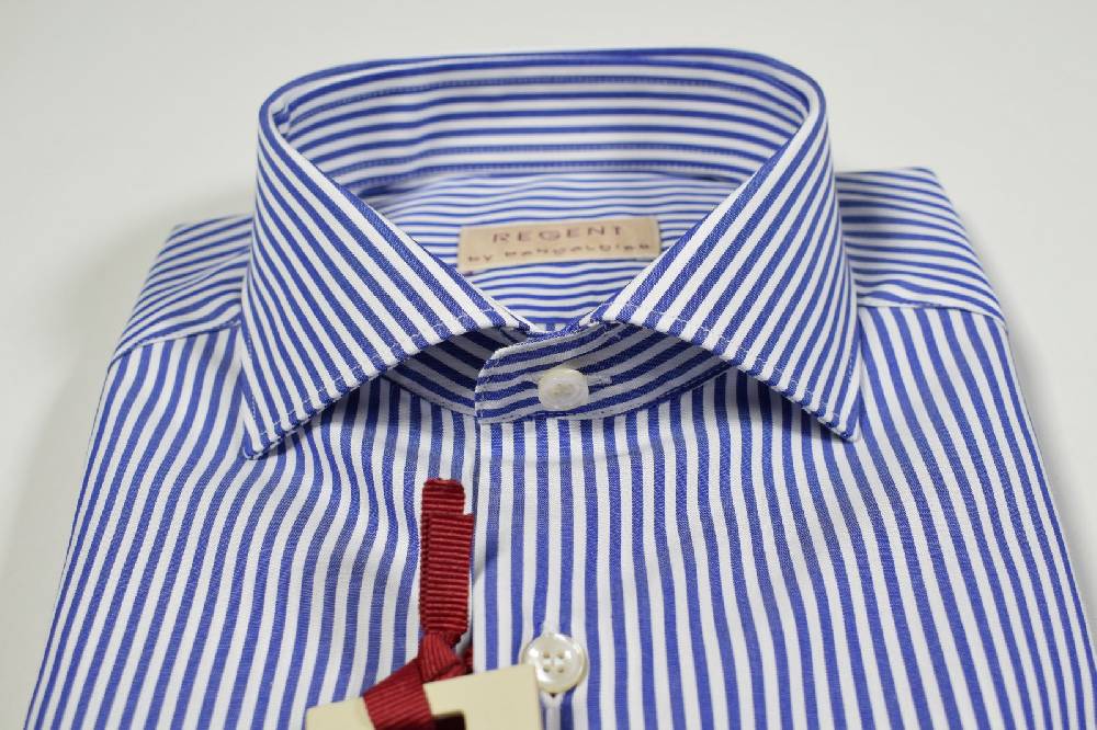Regent By Pancaldi Camicia A Righe Blu Slim Fit Collo Francese Pancaldi