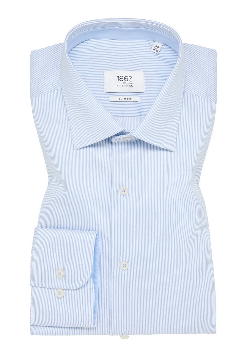 Eterna Camicia A Righe Celeste Eterna Slim Fit In Cotone Twill No Stiro