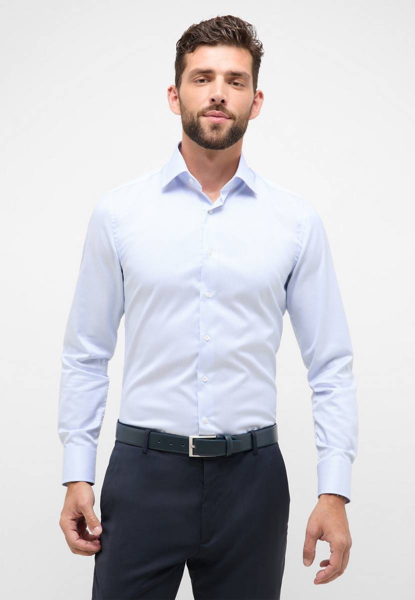 Eterna Camicia a righe celeste eterna slim fit in cotone twill no stiro