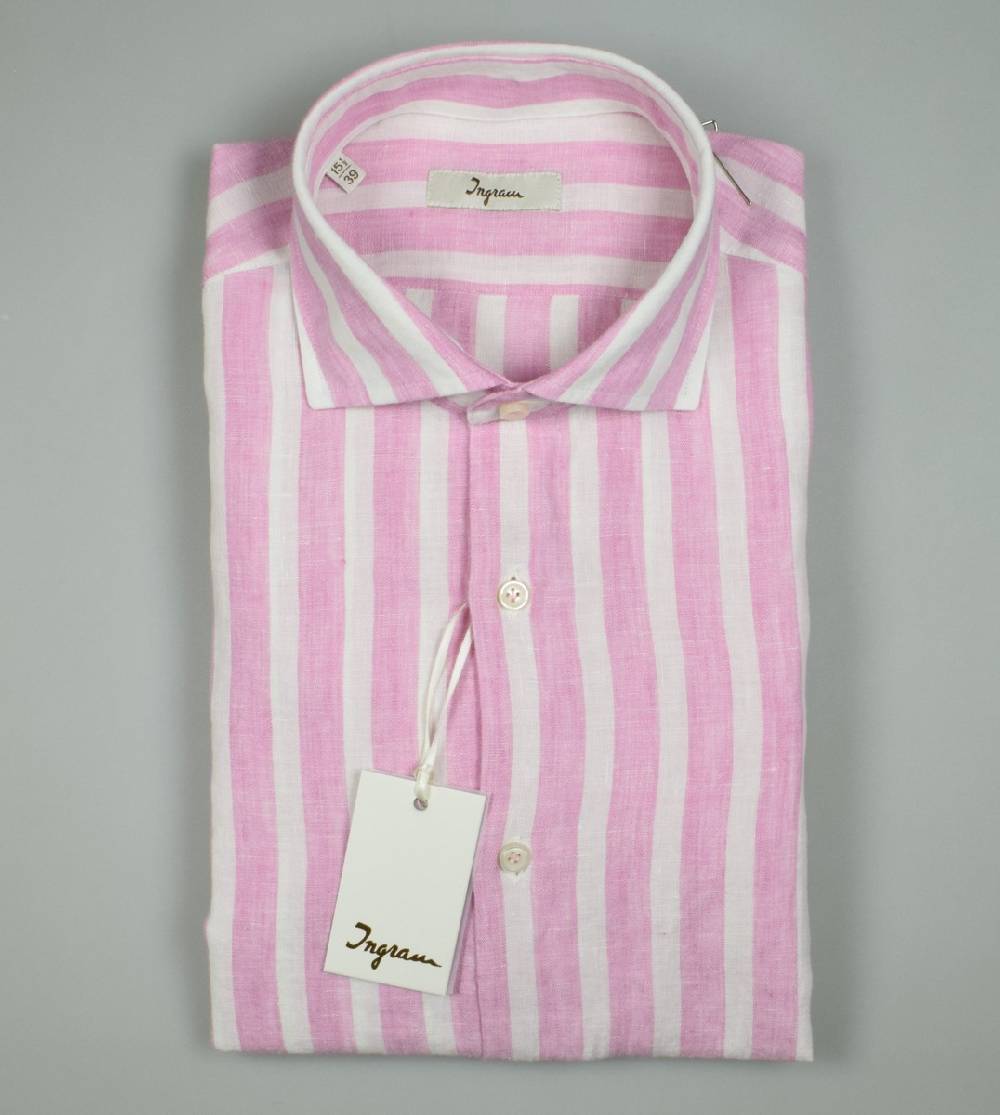 Ingram Camicia A Righe Rosa In Puro Lino Ingram Slim Fit