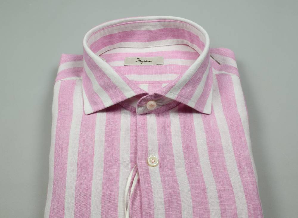 Ingram Camicia A Righe Rosa In Puro Lino Ingram Slim Fit