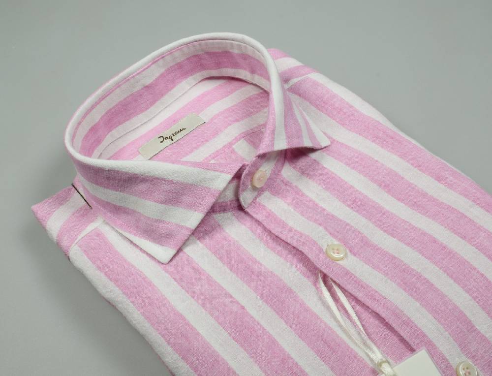 Ingram Camicia a righe rosa in puro lino ingram slim fit
