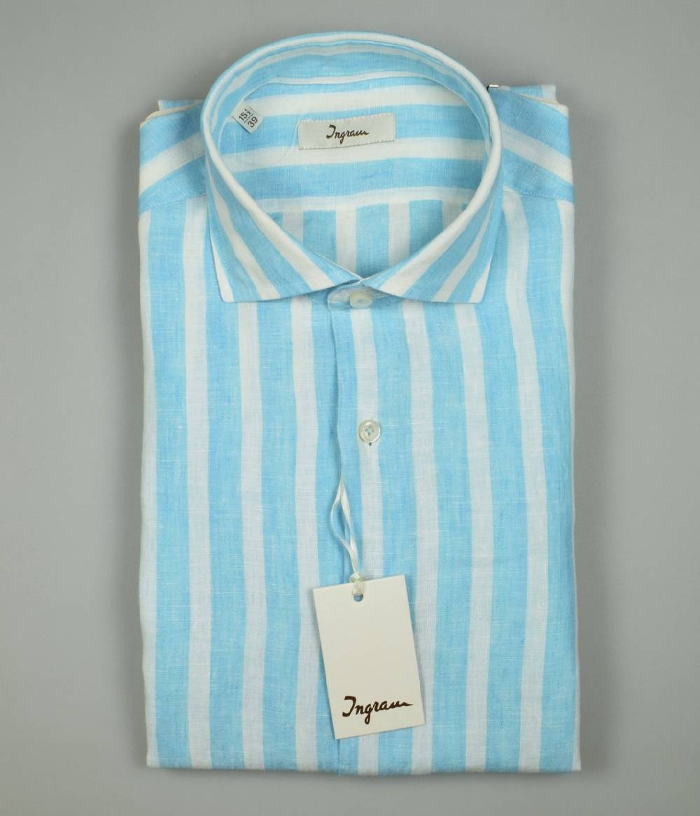 Ingram Camicia A Righe Verde Acqua In Puro Lino Ingram Slim Fit