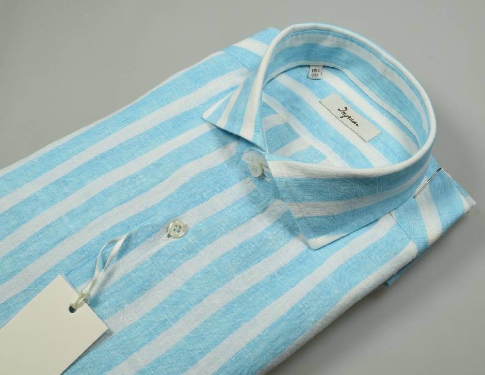 Ingram Camicia A Righe Verde Acqua In Puro Lino Ingram Slim Fit