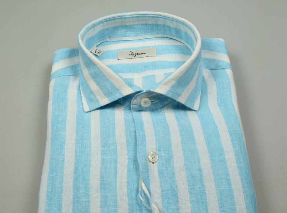 Ingram Camicia A Righe Verde Acqua In Puro Lino Ingram Slim Fit