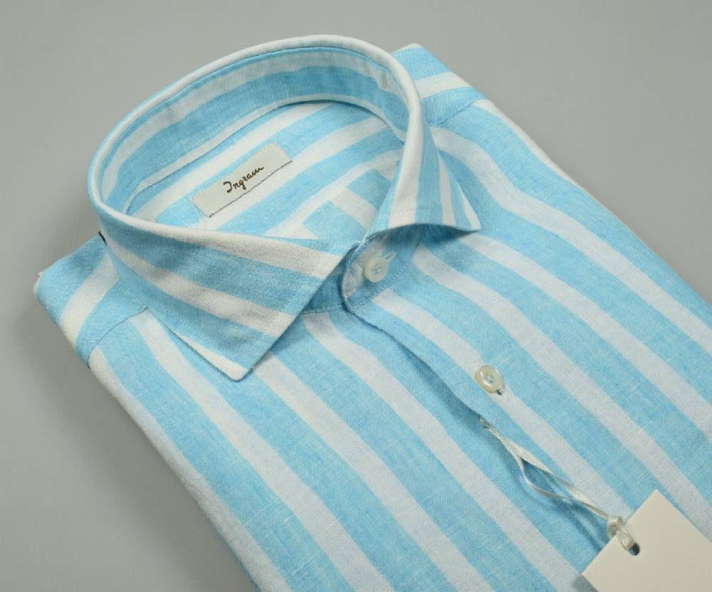 Ingram Camicia a righe verde acqua in puro lino ingram slim fit