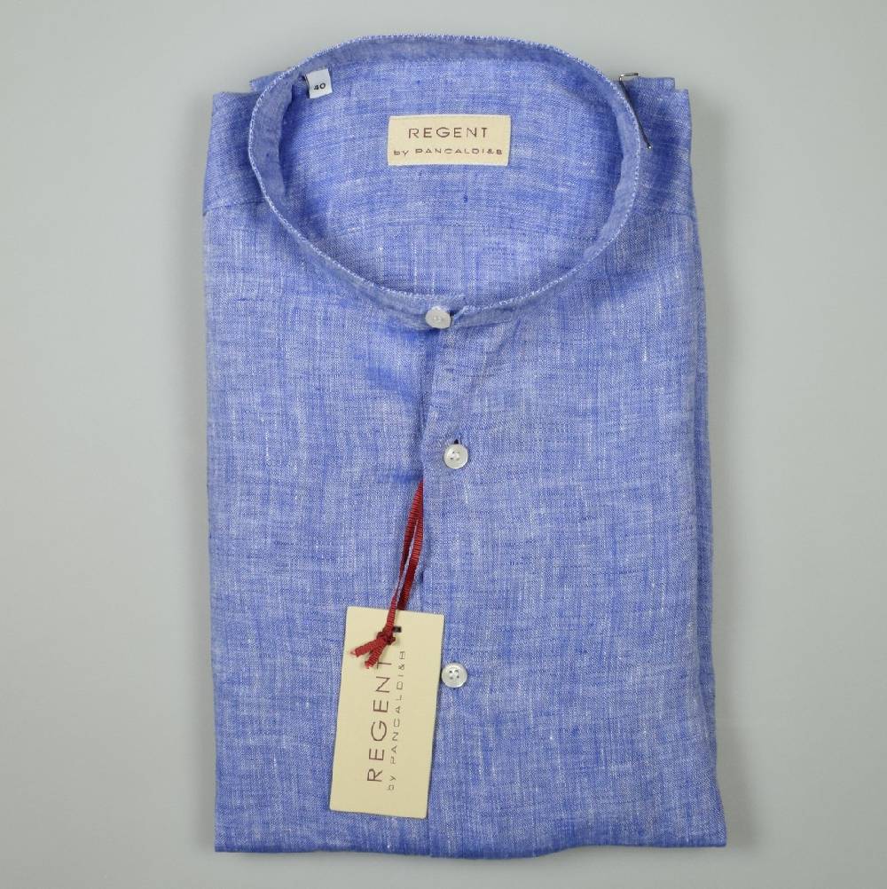 Regent By Pancaldi Camicia Azzurra In Puro Lino Pancaldi Slim Fit Collo Alla Coreana