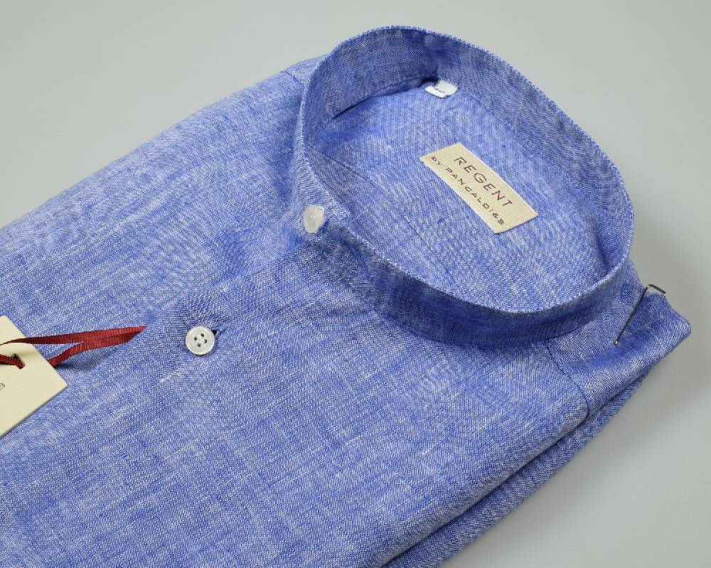 Regent By Pancaldi Camicia Azzurra In Puro Lino Pancaldi Slim Fit Collo Alla Coreana