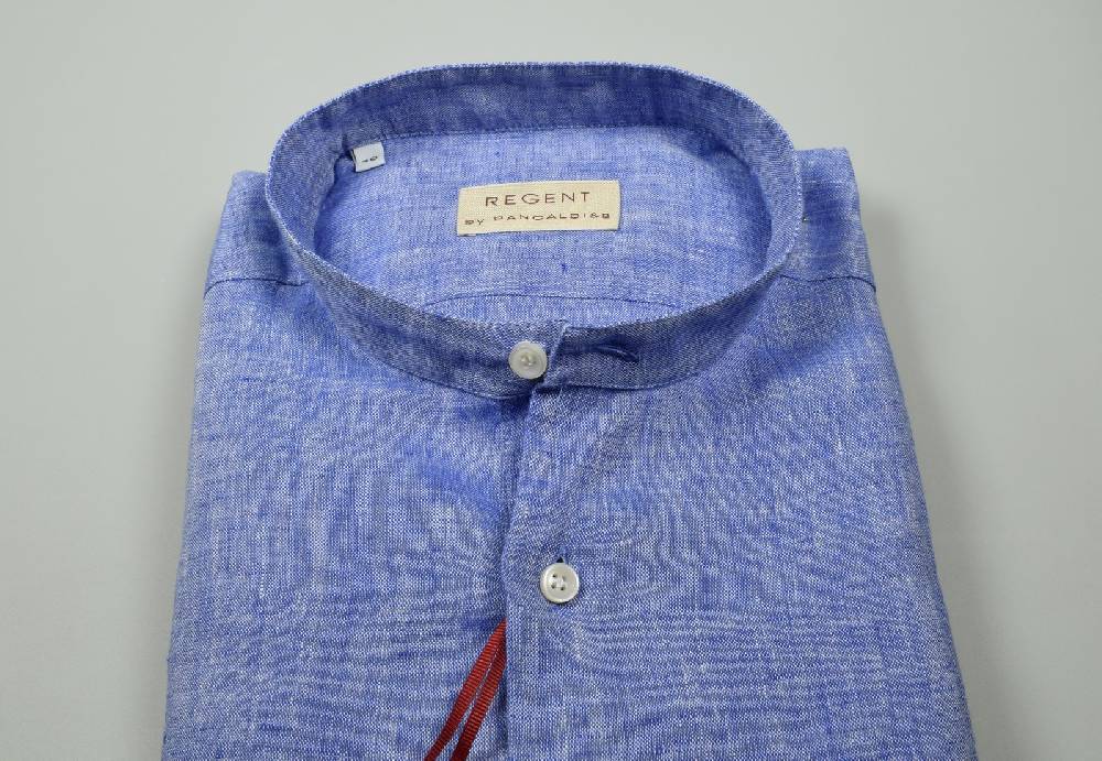 Regent By Pancaldi Camicia Azzurra In Puro Lino Pancaldi Slim Fit Collo Alla Coreana
