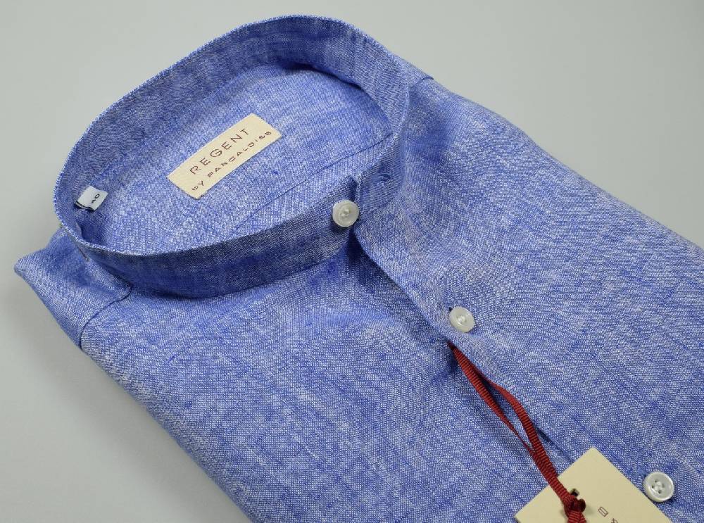 Regent by Pancaldi Camicia azzurra in puro lino pancaldi slim fit collo alla coreana