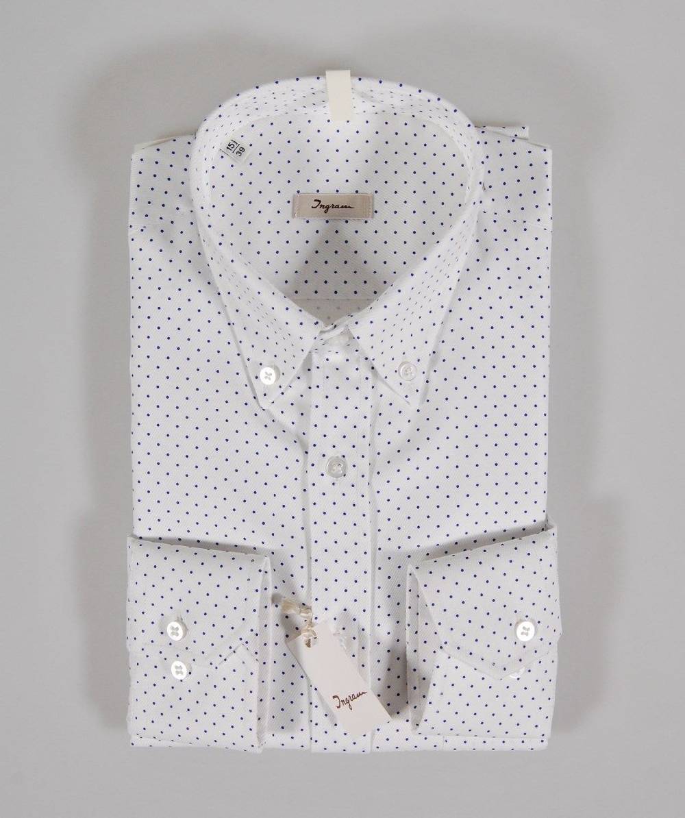 Ingram Camicia Bianca A Pois Piccoli Blu Collo Button Down