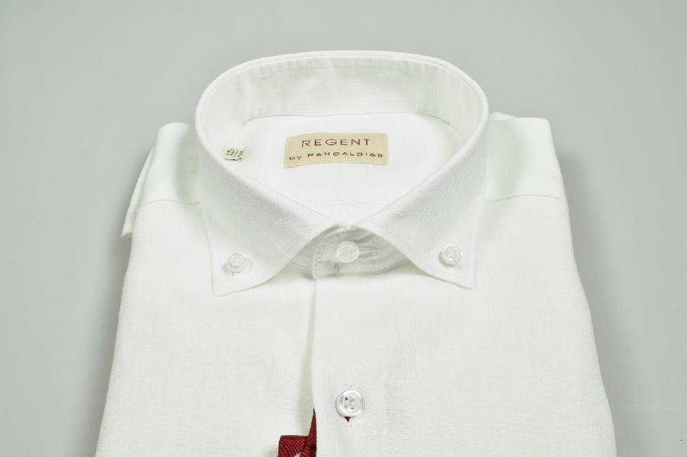 Regent By Pancaldi Camicia Bianca Pancaldi In Puro Lino Lavato Slim Fit Collo Button Down