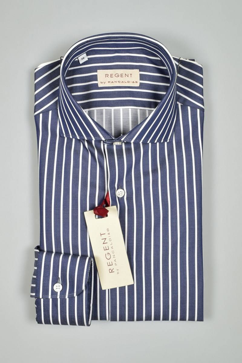 Regent By Pancaldi Camicia Blu A Righe Pancaldi Slim Fit Collo Francese Puro Cotone