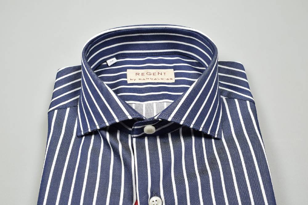 Regent By Pancaldi Camicia Blu A Righe Pancaldi Slim Fit Collo Francese Puro Cotone