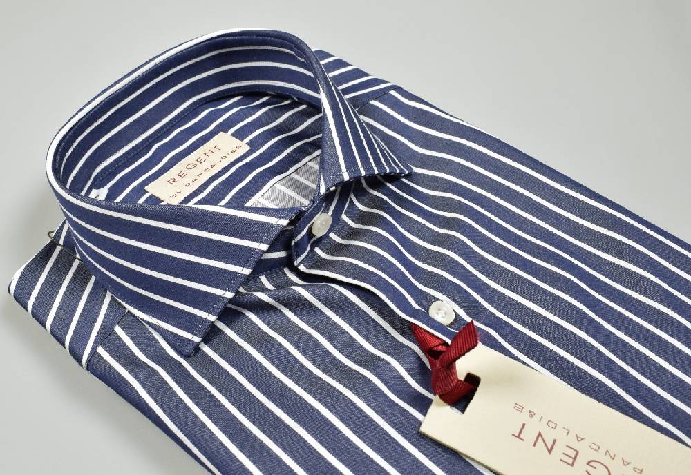 Regent by Pancaldi Camicia blu a righe pancaldi slim fit collo francese puro cotone
