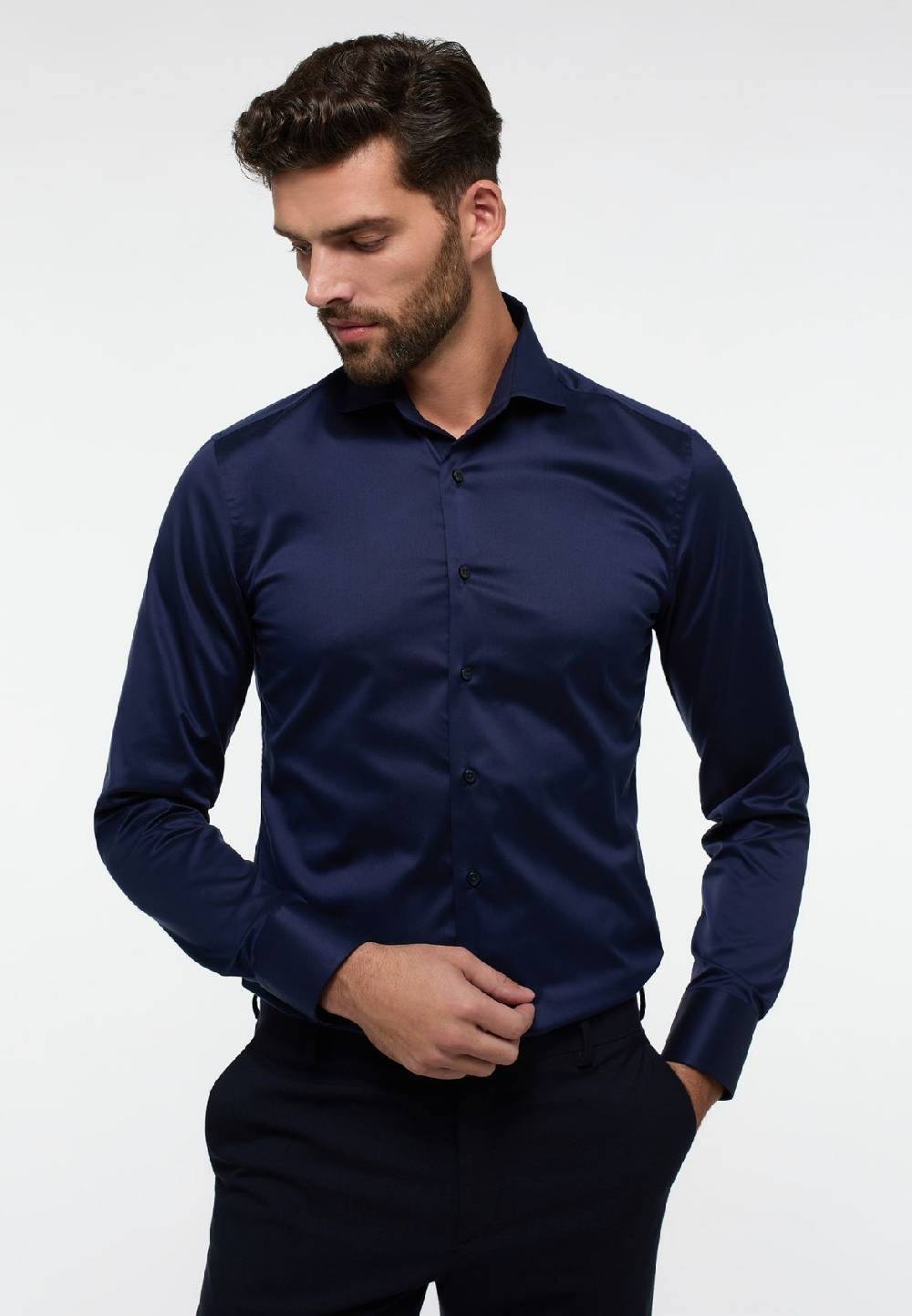 Eterna Camicia blu eterna slim fit in cotone twill no stiro