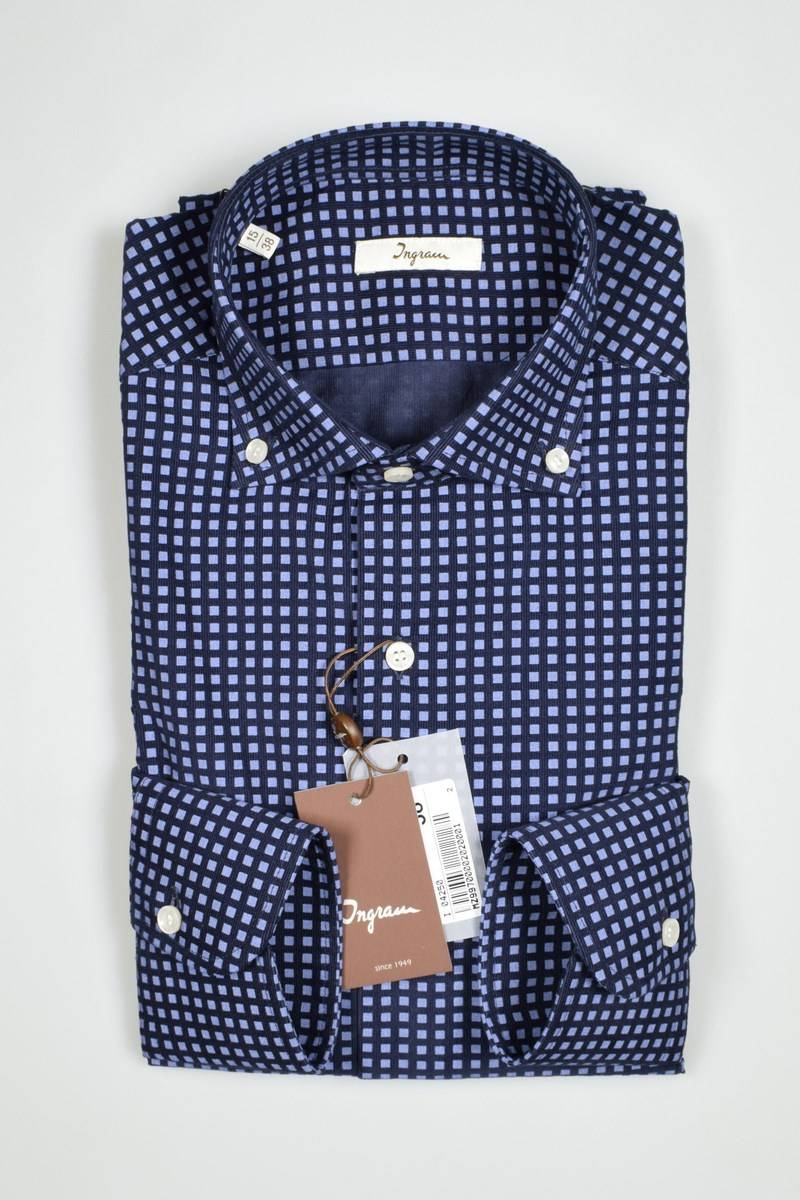 Ingram Camicia Blu Ingram In Velluto Stampato Regular Fit Button Down