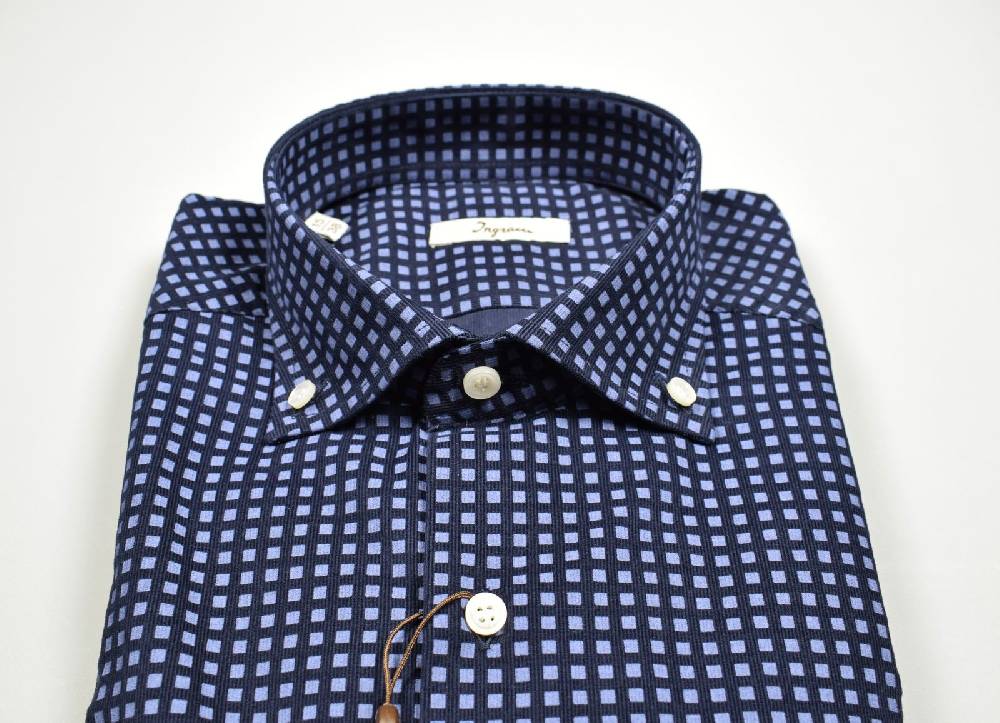 Ingram Camicia Blu Ingram In Velluto Stampato Regular Fit Button Down