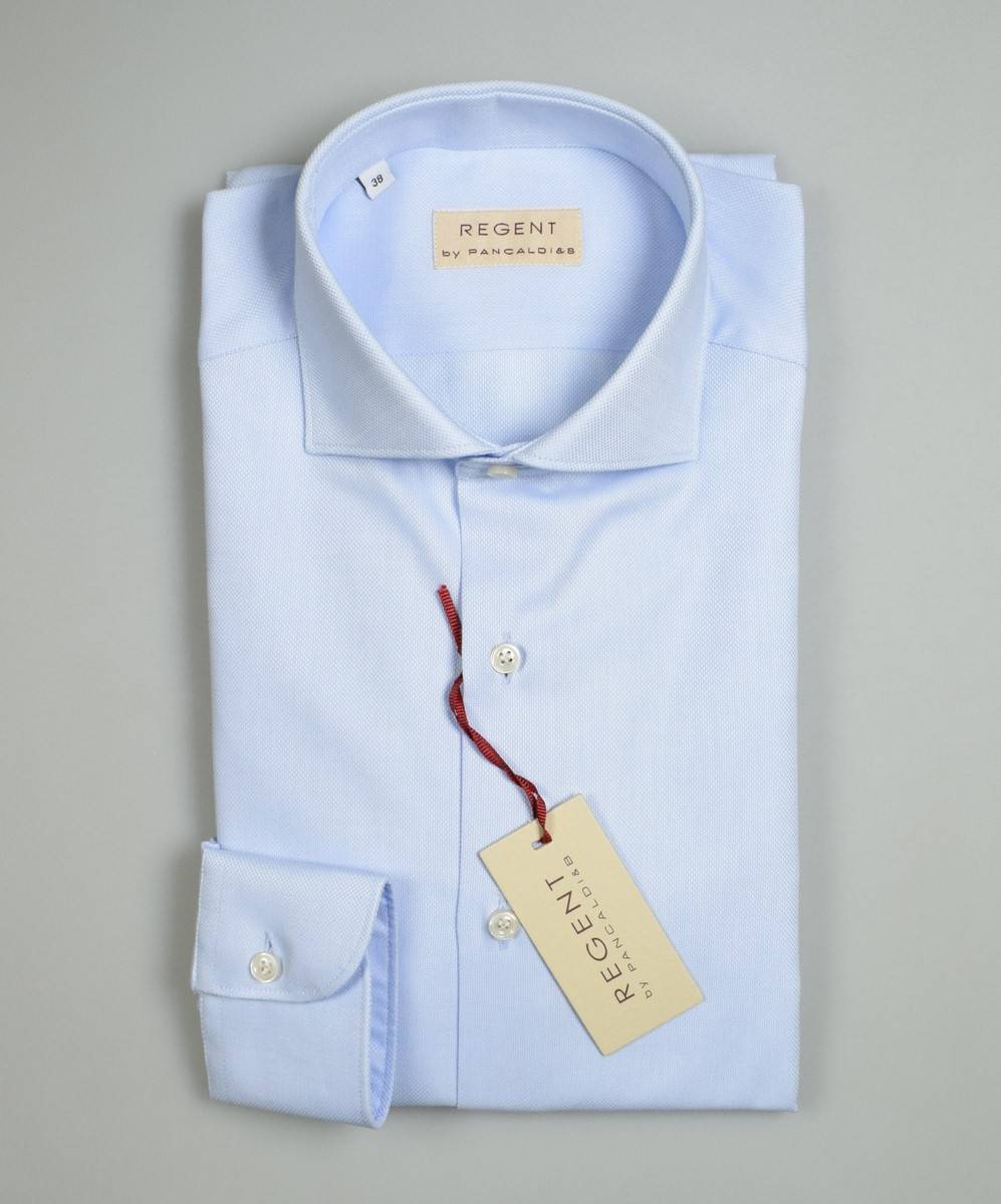 Regent By Pancaldi Camicia Celeste Chiaro Slim Fit Pancaldi Collo Alla Francese In Cotone Oxford