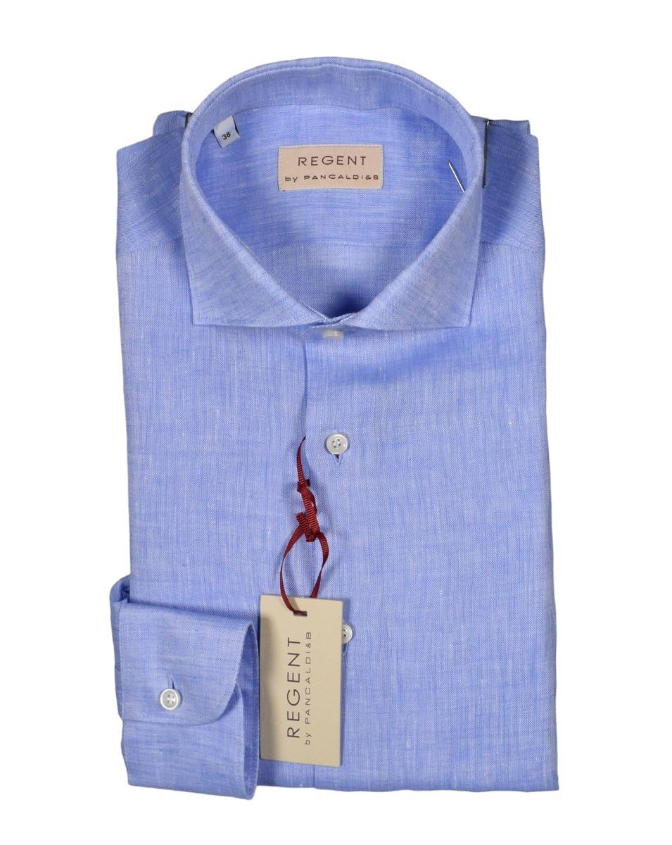 Regent By Pancaldi Camicia Celeste Pancaldi Slim Fit In Puro Lino Collo Alla Francese
