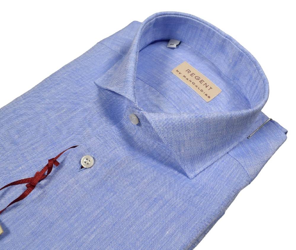 Regent By Pancaldi Camicia Celeste Pancaldi Slim Fit In Puro Lino Collo Alla Francese