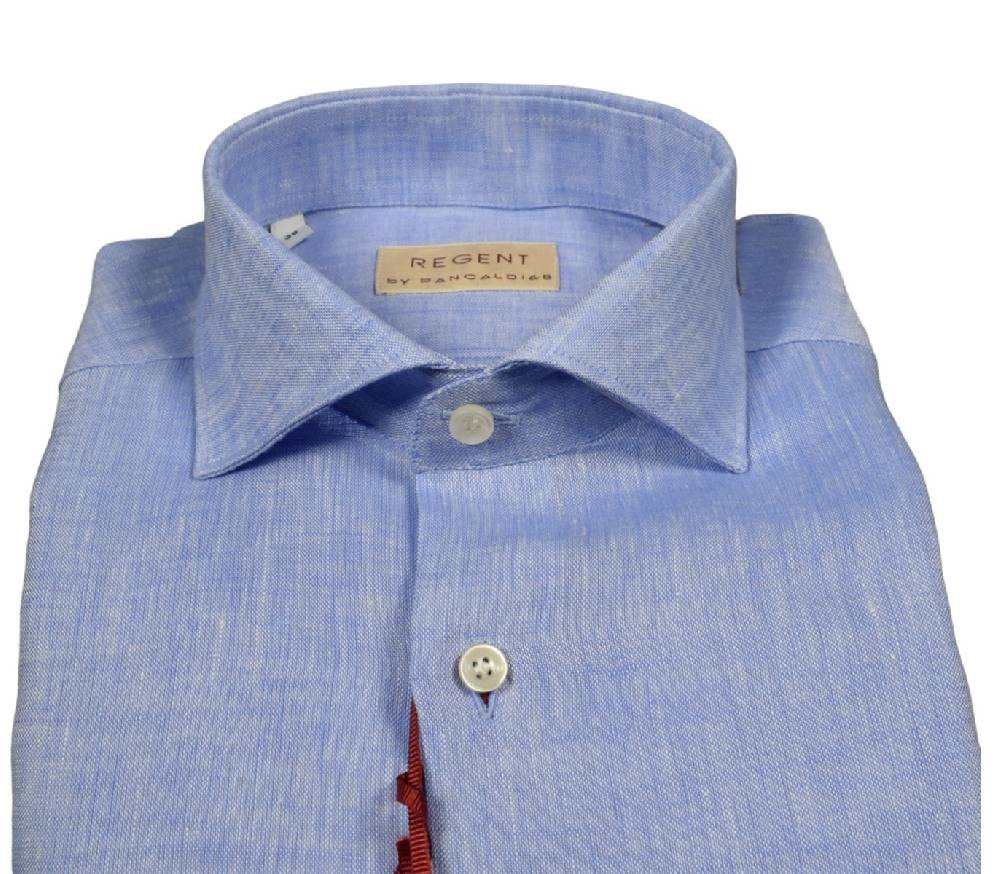 Regent By Pancaldi Camicia Celeste Pancaldi Slim Fit In Puro Lino Collo Alla Francese