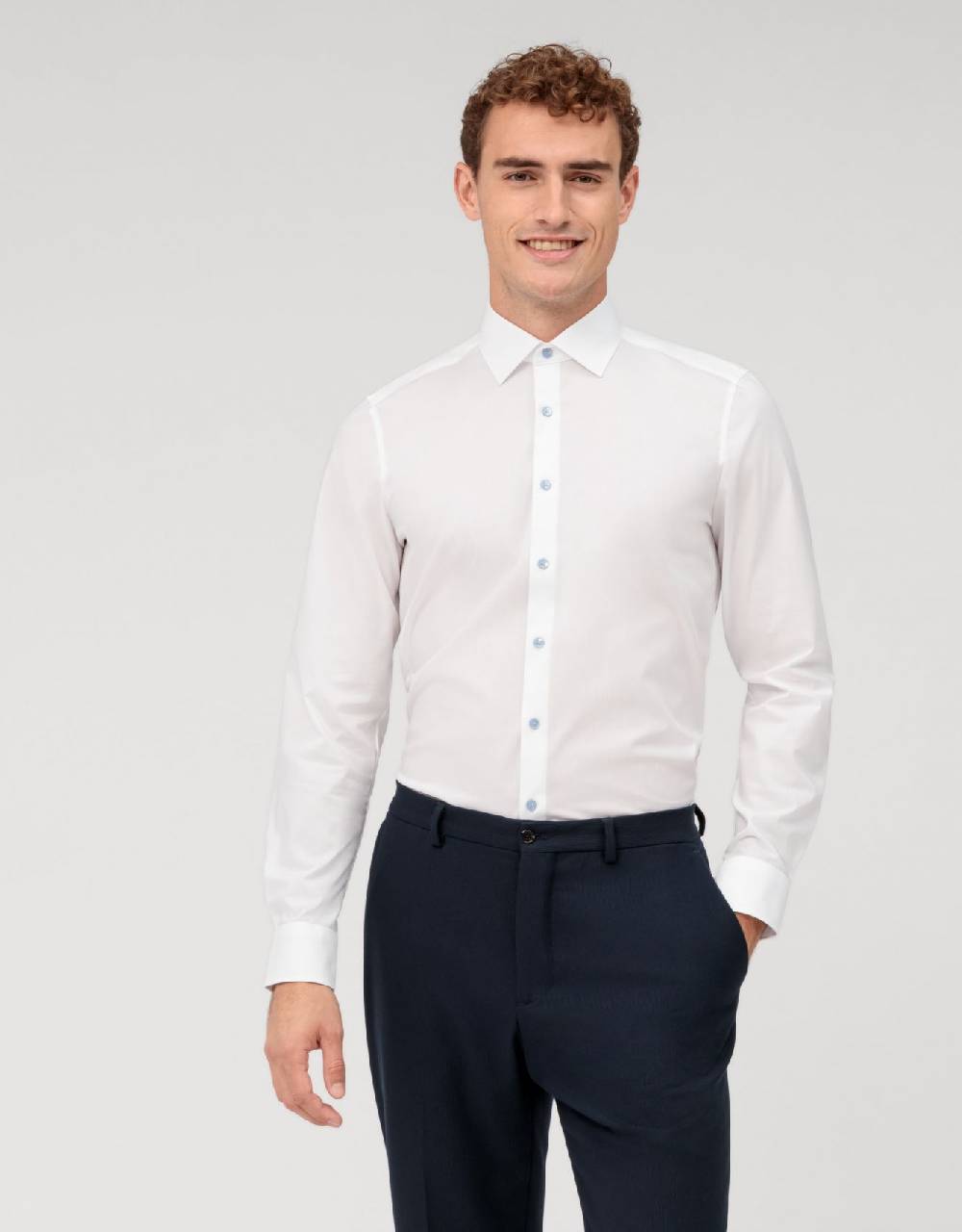 Olymp Camicia Elegante Bianca Olymp Slim Fit Con Bottoni Azzurro