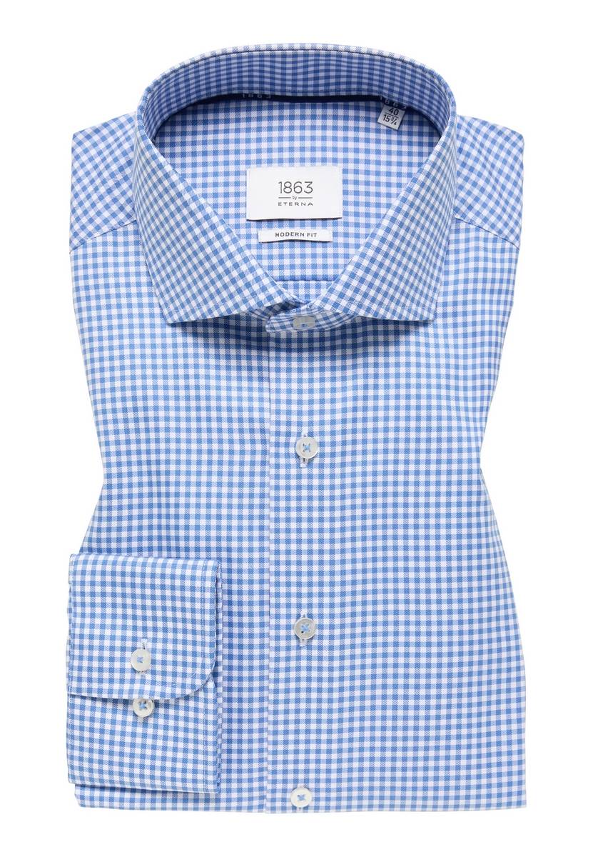 Eterna Camicia Eterna A Quadretti Celeste Modern Fit In Cotone Twill No Stiro